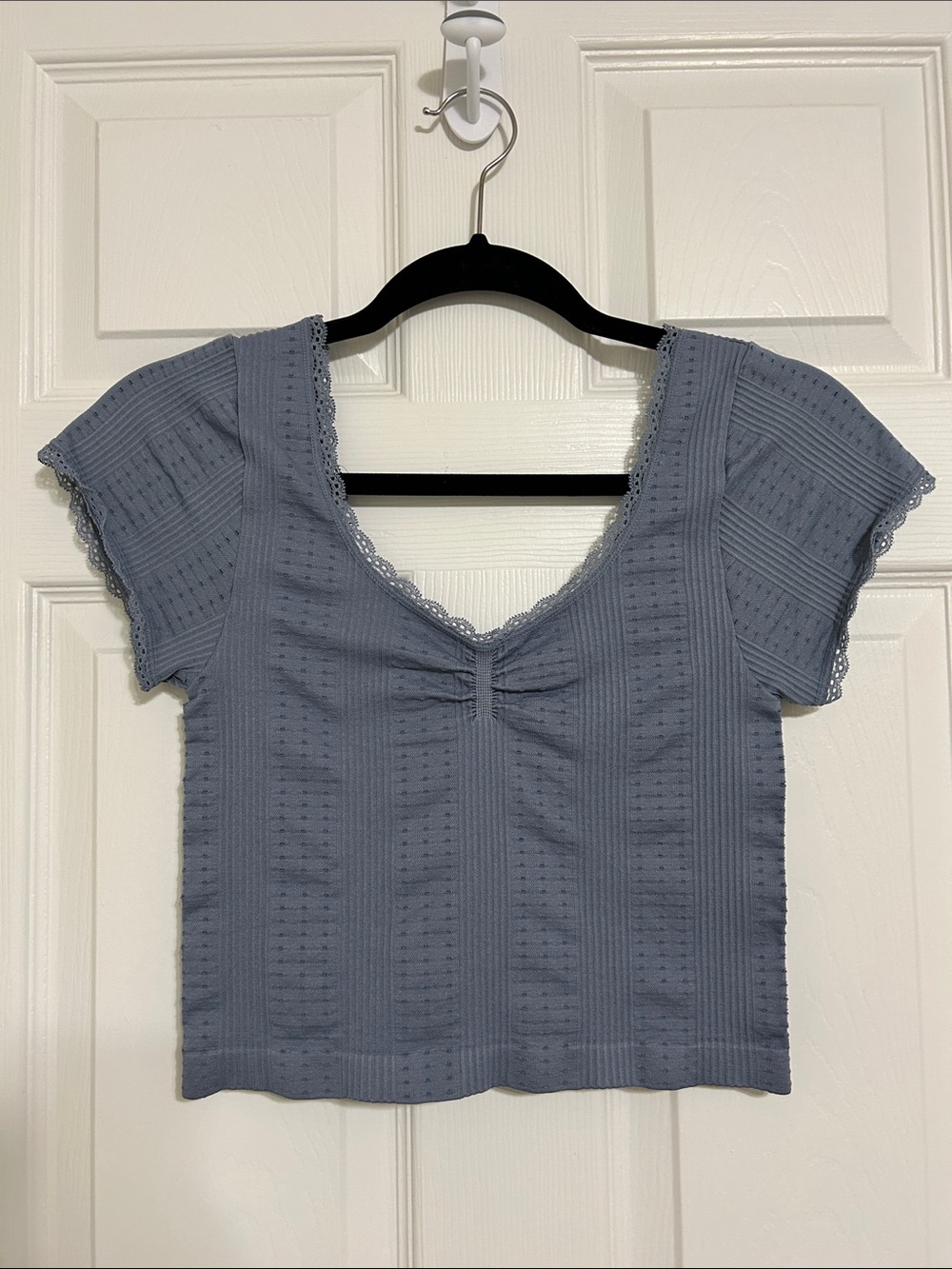Lace Trim Short Sleeve Top - Slate Blue crop top
